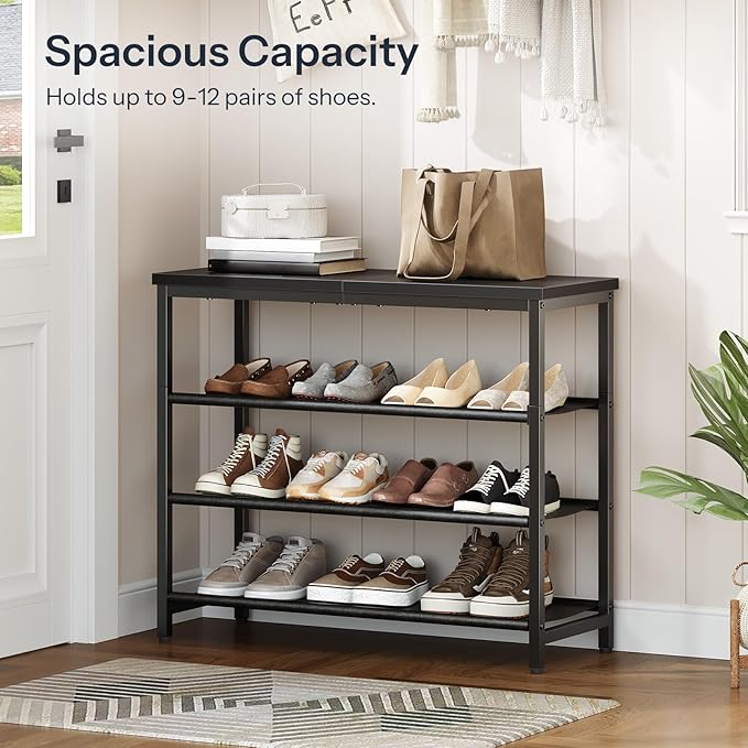 HOOBRO Shoe Rack with 3 PU Shelves, 4-Tier Shoe Storage Organizer for Closet and Entryway, Holds 9-12 Pairs of Shoes, Sturdy Metal Frame, Small Spaces, Black BB94XJ01-NeatNest