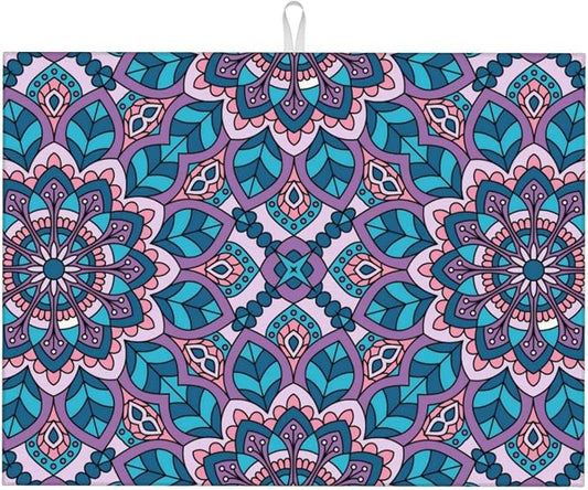 Boho Blue Purple Floral Pattern Dish Drying Mat 18x24 For Kitchen Counter Absorbent Microfiber Dishes Pad Dish Drainer Rack Mats Fast Dry Kitchen Accessories-NeatNest