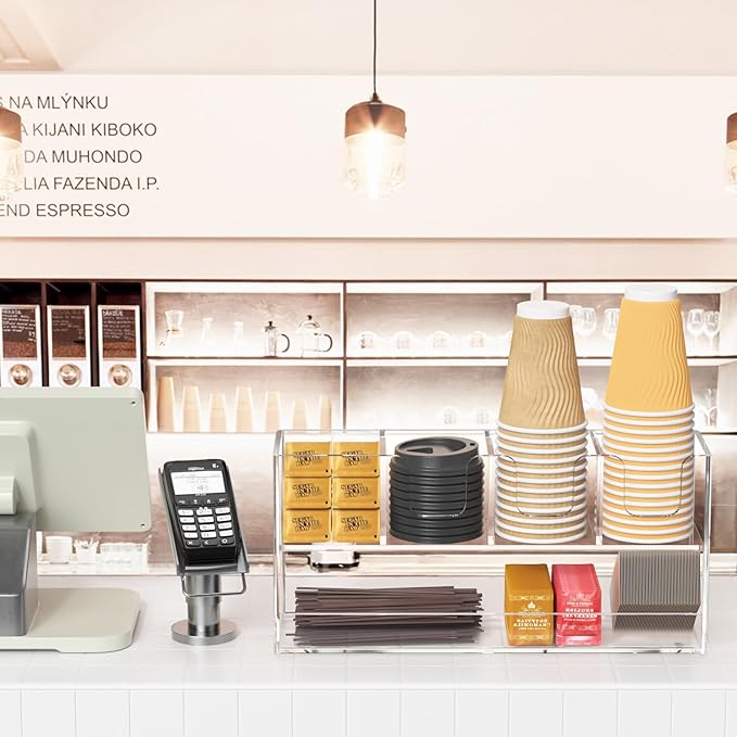 Coffee Condiment and Cup Organizer - 2-Tier Upright Cup and Lid Holder with Straw Organizer 5 Compartments Clear Acrylic Cup Dispenser for Restaurant Breakroom Coffee Station Countertop-NeatNest