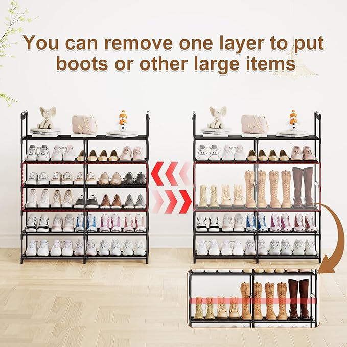 2-Row 6-Tier Shoe Rack, Black Metal Stackable Shoe Shelf with Multifunctional Hooks, Hold 24-30 Pairs, Space Saving Shoes Organizer for Closet,Show Rack-NeatNest
