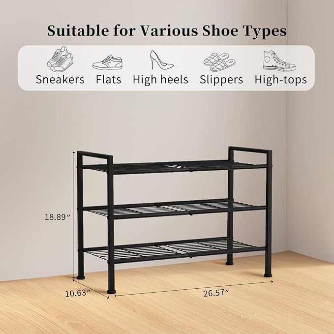 Simple 3 Tier Shoe Rack,Metal Stackable Shoe Storage Organizer for Closet,Entryway, Bedroom, Black (Black, 3-Tier)-NeatNest