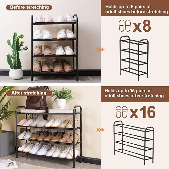 Gonfoam 4-Tier Expandable Shoe Rack,Adjustable Shoe Shelf Storage Organizer Heavy Duty Metal Free Standing Shoe Rack for Entryway Closet Doorway (Black)-NeatNest