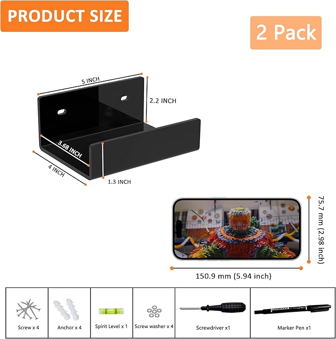 5 Inches Black Acrylic Wall Shelves for Home Décor, Pack of 2, Acrylic Shelf for Wall, Wall Mounting Display Shelf-NeatNest