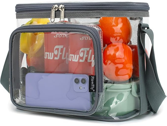 FlowFly Insulated Reusable Lunch Bag Adult Large Lunch Box for Women and Men with Adjustable Shoulder Strap,Front Zipper Pocket and Dual Large Mesh Side Pockets,Clear#Grey-NeatNest