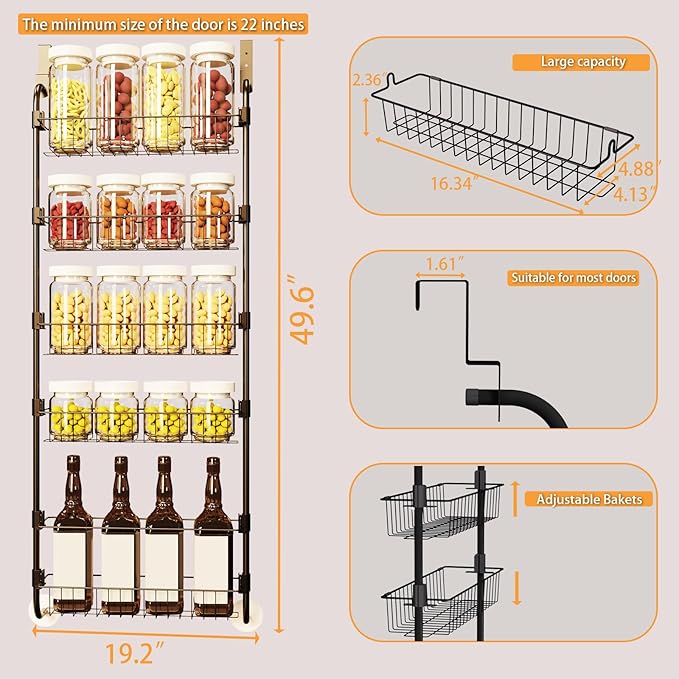 Over The Door Pantry Organizers, Pantry Door Organizer and Storage with Adjustable Baskets,Heavy-Duty Metal Spice Rack,Over The Door Organizers for Kitchen,Bathroom (Black, 5tier)
