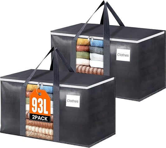 HomeHacks 2 Pack Extra Large Moving Bags with Visual PVC Window & Zippers, Storage Totes with Reinforced Handles, Heavy Duty Storage Bags for Packing, Moving, Storage (93L,Grey)