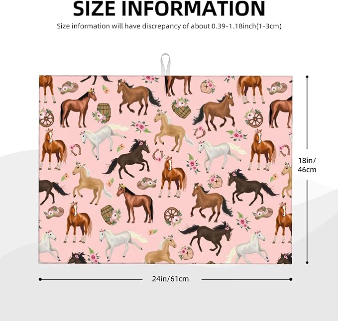 Horse Dish Drying Mat for Kitchen Counter Cute Kitchen Mat Microfiber Kitchen Countertop Absorbent Reversible Drainer Rack Pad Dish Drying Mat 18 x 24 Inch