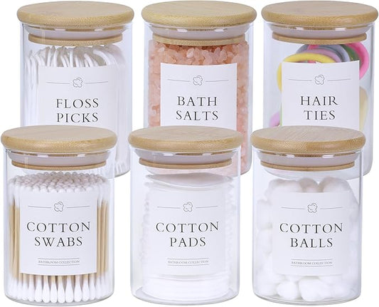 6 Pack Qtip Holder Dispenser - Glass Apothecary Jars with Lids, Cotton Ball Pad Swab Round Holder, Bamboo Bathroom Accessories, Bathroom Organizers Containers Jars Canisters with Lids-NeatNest