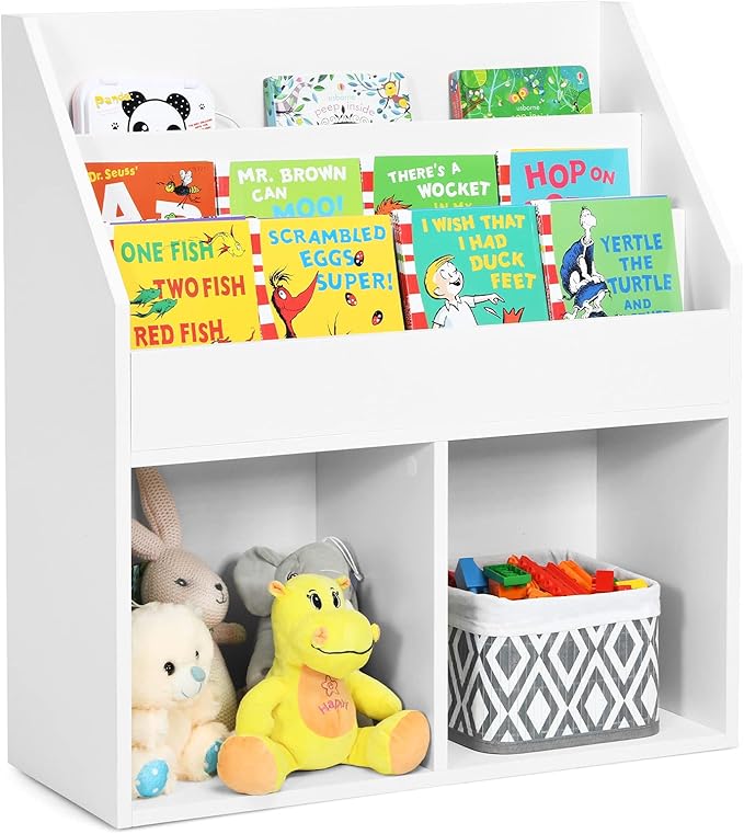 Costzon Kids Bookshelf, Wooden Toy Storage Cabinet Organizer w/Shelves, 2 Large Cubes & Anti-Tipping Devices, Children Bookcase Display Sling Book Rack for Kids Room, Nursery, Kindergarten (White)-NeatNest