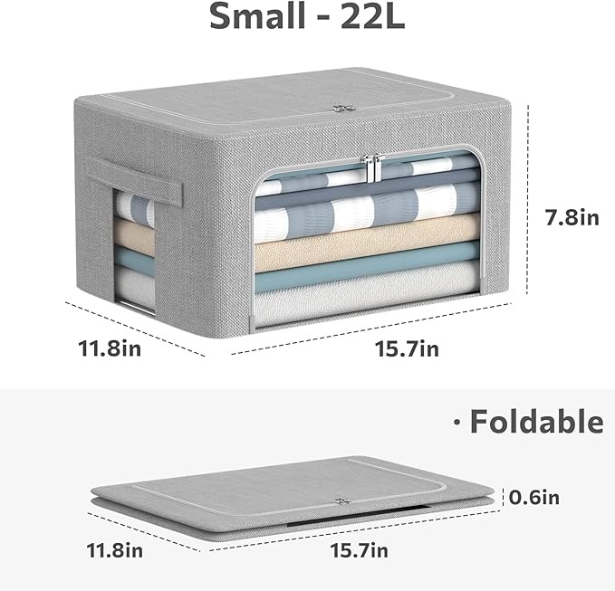 3Pack Foldable Storage Bins - Frame Storage Box Linen Fabric Stackable Clothes Container Organizer with Clear Window & Carry Handles Large Capacity (Small-22L, Light Grey)-NeatNest