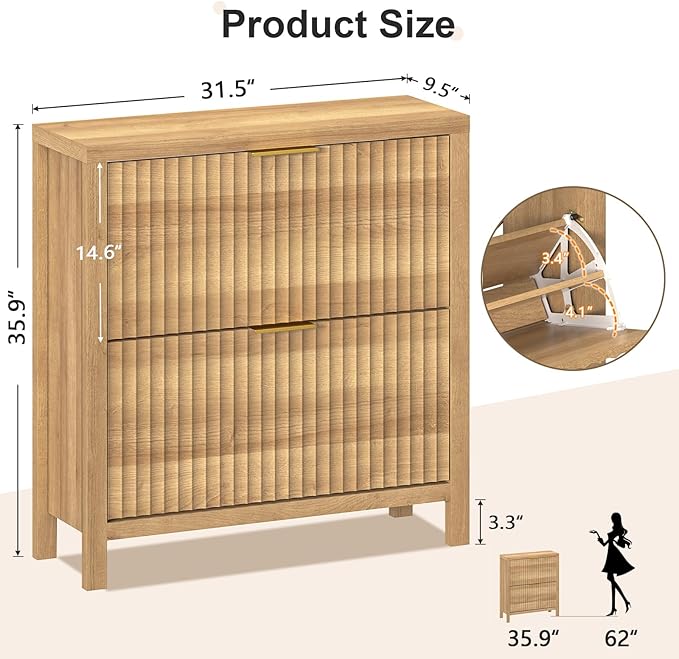 Shoe Cabinet Storage for Entryway, Fluted Shoe Cabinet with 2 Flip Drawers, Hidden Shoe Rack Tall Freestanding Shoe Organizer with Legs for Hallway, Wood-NeatNest