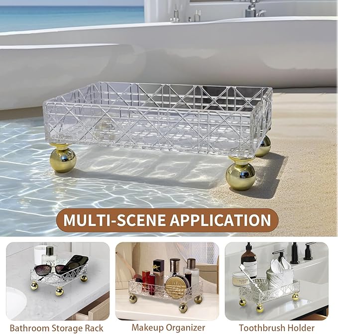 Bathroom Tray Countertop Transparent Makeup Organizer Storage Box Acrylic Vanity Tra with Feet Geometric Texture Waterproof Makeup Organizer Countertop Storage for Hotel Home Bathroom Counter Tray