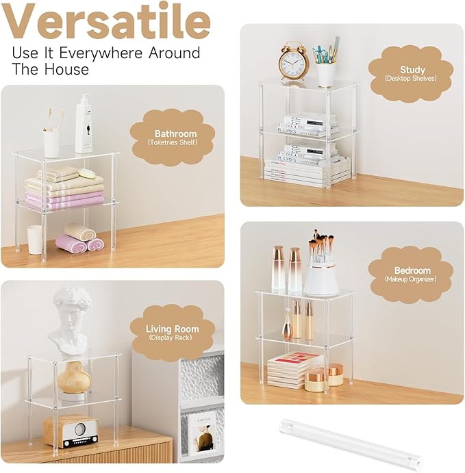 2 Pack Acrylic Cabinet Organizer, Clear Cabinet Organizer Shelf, Stackable, Expandable, Spice Rack, Adjustable Counter Shelf for Makeup, Bathroom, Cupboard, Desk, Kitchen Pantry Organization-NeatNest