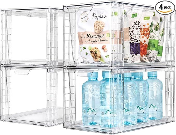 4Pack Large Stackable Kitchen Storage Drawers, Clear Foods Organizer Bins with Handles, Easily Assemble for Bathroom, Kitchen, Pantry, Cabinet, Closet(XL-UP Handle)-NeatNest