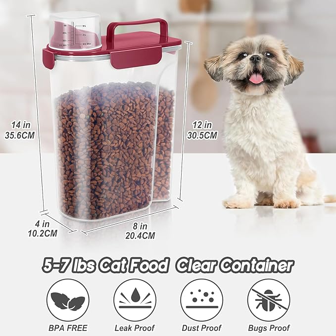5-7Lbs Dog Cat Food Storage Container with Upgraded Large Nozzle BPA-free, 4 Snap Seals Plastic Pet Food Storage Containers with Handles (2, Gray Blue + Red, 5L)-NeatNest