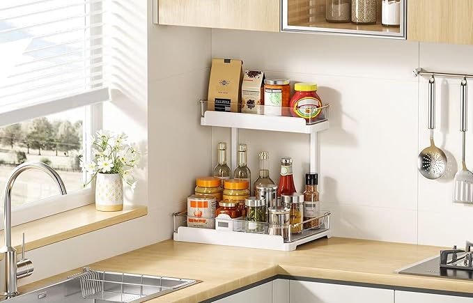 heart & home 1-Pack Under Sink Storage Organizer for Kitchen & Bathroom Cabinets with Removable Washable Tray, Tool-Free Assembly – Multi-Purpose for Kitchen Countertop, Vanity, & Laundry Room，White-NeatNest