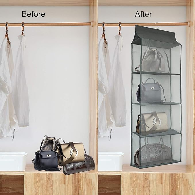 Closet Handbag Purse Holder, Space Saving Hanging Handbag Storage Tote Bag Organizer Holder with 4 Large Heavy-Duty Mesh Shelves for Wardrobe Closet(Gray)-NeatNest