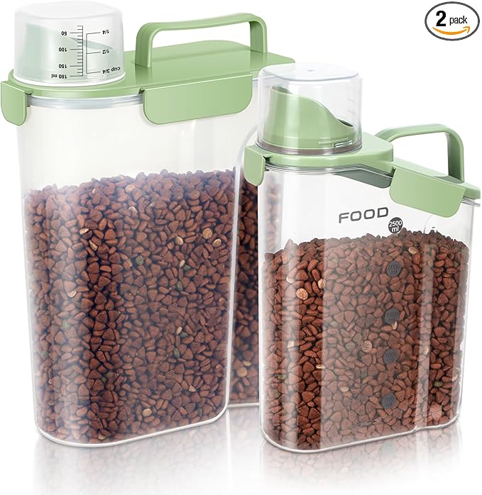 8-12 LBS Cat Dog Pet Food Storage Container, Plastic Dispenser Upgraded Large Nozzle, BPA-free, With Sealed Clasps, Measuring Cup and Handle, Easy to Clean and Carry -2 Packs Leaf Green-NeatNest