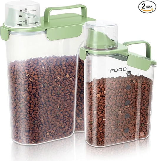 8-12 LBS Cat Dog Pet Food Storage Container, Plastic Dispenser Upgraded Large Nozzle, BPA-free, With Sealed Clasps, Measuring Cup and Handle, Easy to Clean and Carry -2 Packs Leaf Green-NeatNest