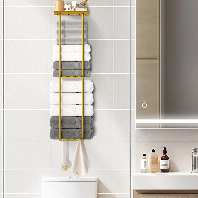 Towel Racks for Bathroom, 36.6 inch Metal Towel Storage, 8 Large Bath Towels Capacity, 3-Tier Towel Holder for Bathroom, with Shelf & 6 Hooks, Wall Mounted Towel Rack for Rolled Towels, Gold