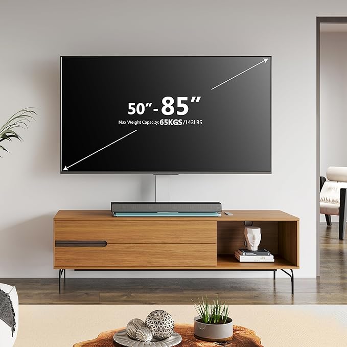 FITUEYES Universal TV Stand with Swivel Mount for 50-85 inch Flat Screens - Height Adjustable Tempered Glass Base Holds up to 143 lbs, White.