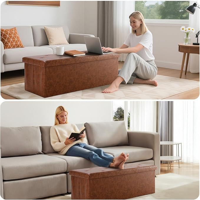 DUMOS Foldable Storage Ottoman Bench 43in, Foot Rest Stool, Synthetic Leather Storage Chest with Thicker Foam Padded Seat for Entryway Living Room, Modern Brown