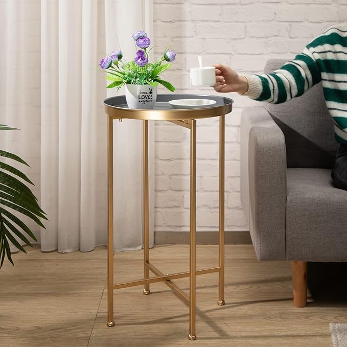 HollyHOME Small Round Metal Waterproof End Table, Accent Indoor&Outdoor Coffee Side Table, Snack Sofa Table for Living Room, Anti-Rust Decorative Plant Stand, (D) 14.5" x (H) 25", Gold/Grey-NeatNest