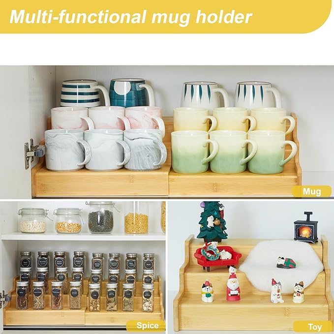3-Tier Expandable Bamboo Mug Holder For Countertop Coffee Cup Holder Display Mug Organizer Mug Rack for Coffee Bar Organizer Mug Shelf for Cabinet for Kitchen, Home-NeatNest