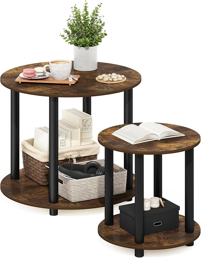 Furinno Turn-N-Tube Simple Design 2-Tier Round Wooden Small Coffee Table, Amber Pine-NeatNest