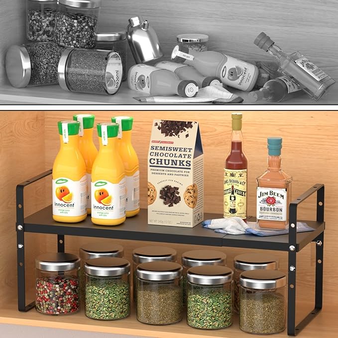 Expandable Stackable Spice Rack Cabinet Shelf Organizer in Cabinets Shelves Kitchen Cupboard Organization Stack up Racks Pantry Countertop Storage Large/Black 1 Pack