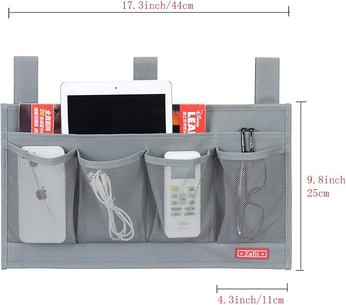Hanging Bedside Caddy, Bedside Storage Organizer for Magazine, Phone, Remote control (6 Pockets-Grey)-NeatNest