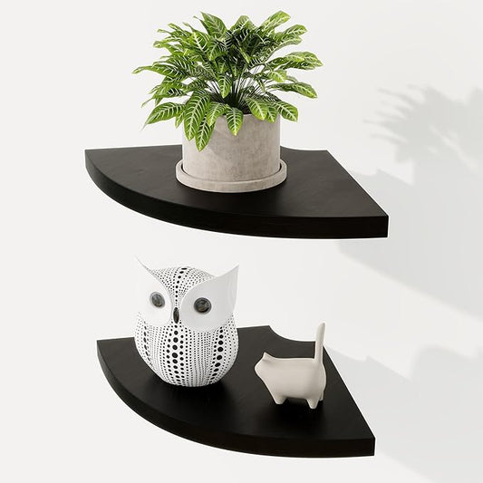 Fun Memories Corner Shelf Wall Mount Set of 2 - Solid Oak Wood Floating Corner Shelf with Cable Hole, 7in Rustic Design for Bedroom, Living Room, Kitchen (Black)-NeatNest