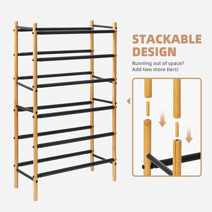 STORAGE MANIAC Expandable Shoe Rack, 16 Pairs Stackable Small Shoe Rack, Metal Adjustable Shoes Organizer for Closet, Entryway, Hallway, Garage, Front Door, Shoes Shelves, Bamboo 4 Tier-NeatNest