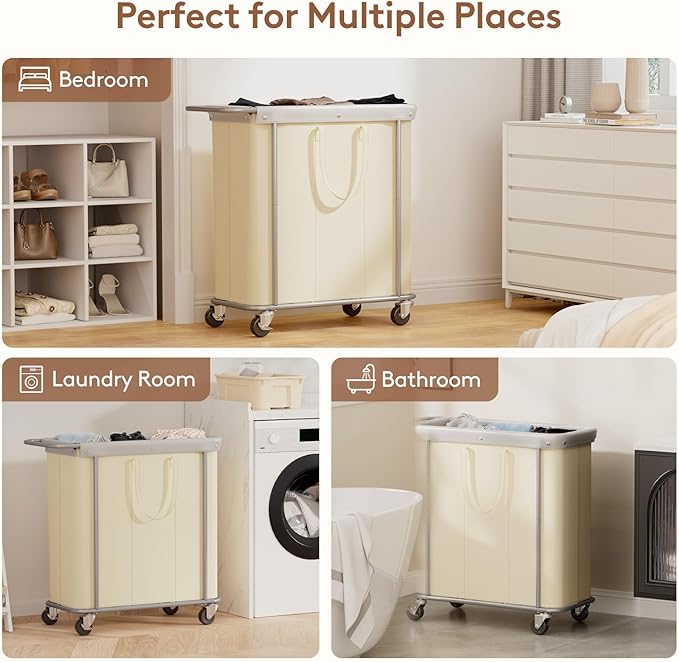 Lifewit 200L Large Laundry Basket with Wheels, Tall 3 Section Laundry Hamper Organizer, Rolling Laundry Cart with Steel Frame & Removable Bag for Luandry Room Bathroom Bedroom, White