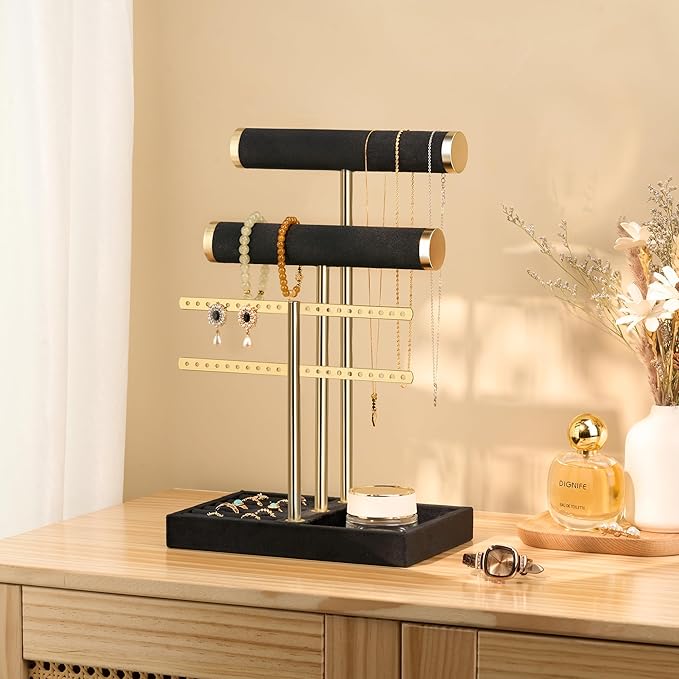 3 Tier Bracelet Holder Display - Detachable T Bar Black Velvet Bracelet Holder, Jewelry Holder Organizer for Bracelet, Necklace, Earrings, Rings