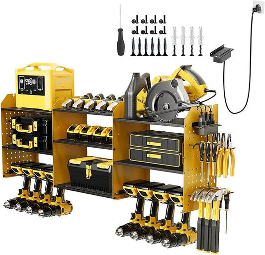 45" Power Tool Organizer Wall Mount with Charging Station - 3 Layer Storage Racks with 8 Cordless Drill Holder, 4 Hooks, Heavy Duty Garage Tool Organizer Storage for Workshop Shed Pegboard Basement