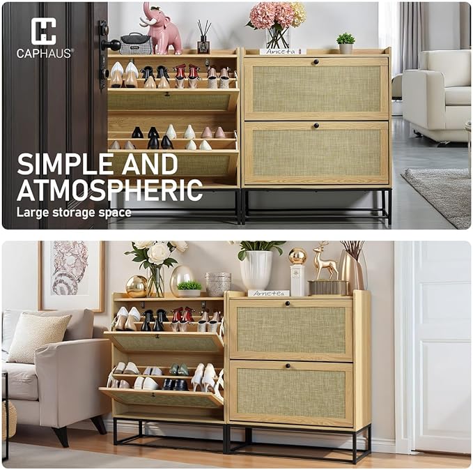 CAPHAUS Shoe Storage Cabinet w/Rattan Flip Drawers, Slim Thin Freestanding Entryway Shoes Organizer w/Adjustable & Removable Shelves, Modern Narrow Shoe Rack w/Metal Legs, Natural Oak