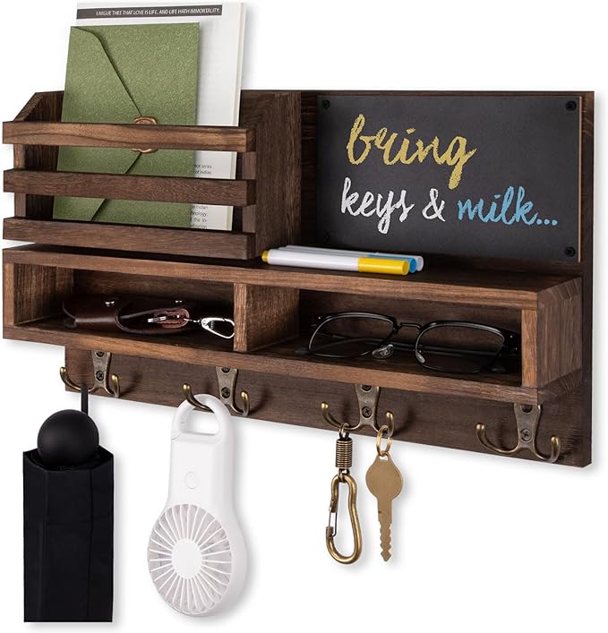 Key Holder for Wall, Wall Mounted Mail Holder Wooden with Shelf & 3 Liquid Chalks & Chalkboard, Mail Sorter Organizer, Rustic Home Decor - Entryway Living Room (15.98”W x 9.1”H x 3.3”D), Brown