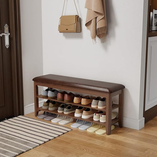 Wood Shoe Rack Bench for Entryway, Shoe Rack for Front Door Entrance with Leather Cushion, 2 Tier Shoe Bench with Shoe Storage for Entryway, Bedroom.-NeatNest