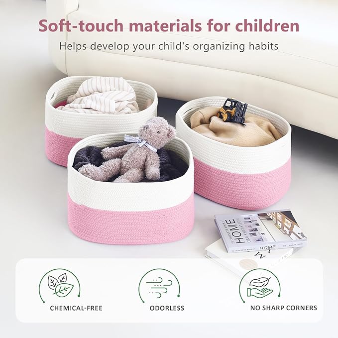 Cotton Rope Shelf Storage Basket, 15x10x9 in, Shelf Storage Baskets for Clothes, Toys, Towels, Books, Laundry (White/ Pink, 1 Pack)-NeatNest