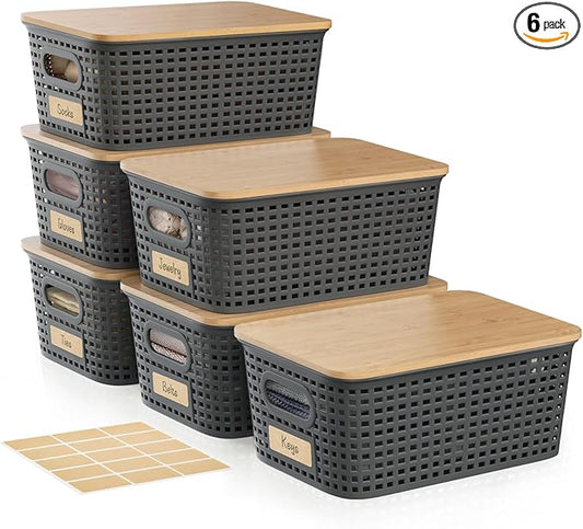 6-Pack Stackable Storage Bins with Bamboo Lids, Small 5 Qt Decorative Plastic Storage Baskets Boxes Containers with Labels for Organizing Shelves Classroom Closet Office Bathroom, Grey-NeatNest