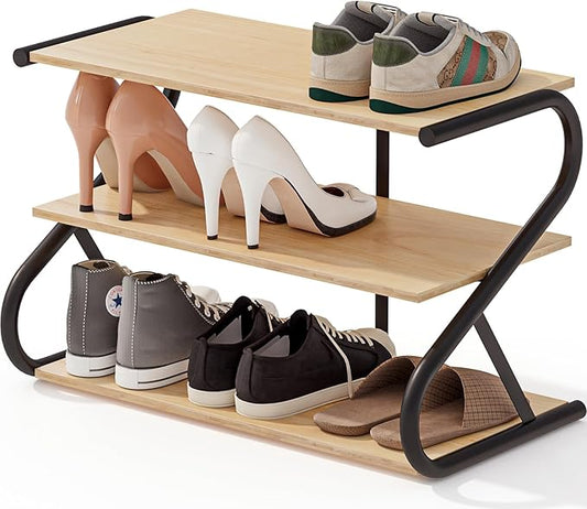 Shoe Rack, Z-Frame Wooden 3-Tier Shelf with Durable Metal Shelves, Shoe Organizer for High Heels, Hallway, Living Room, Closet, Bedroom (Natural Wood)-NeatNest