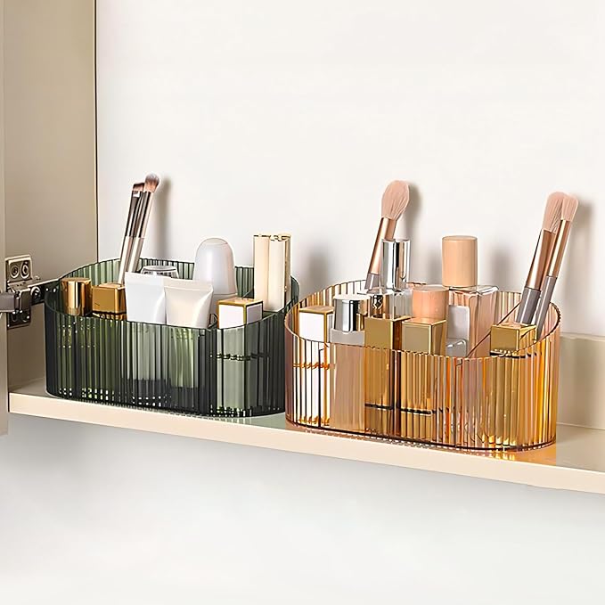 DASITON Large Capacity Makeup Brush Holder,5 Slot Makeup Brush Holder,Vintage striped Make Up Brush Holder,for Vanity Decor,Bathroom Countertops,Desk Storage Container,Cosmetic Display cases(Yelow)-NeatNest