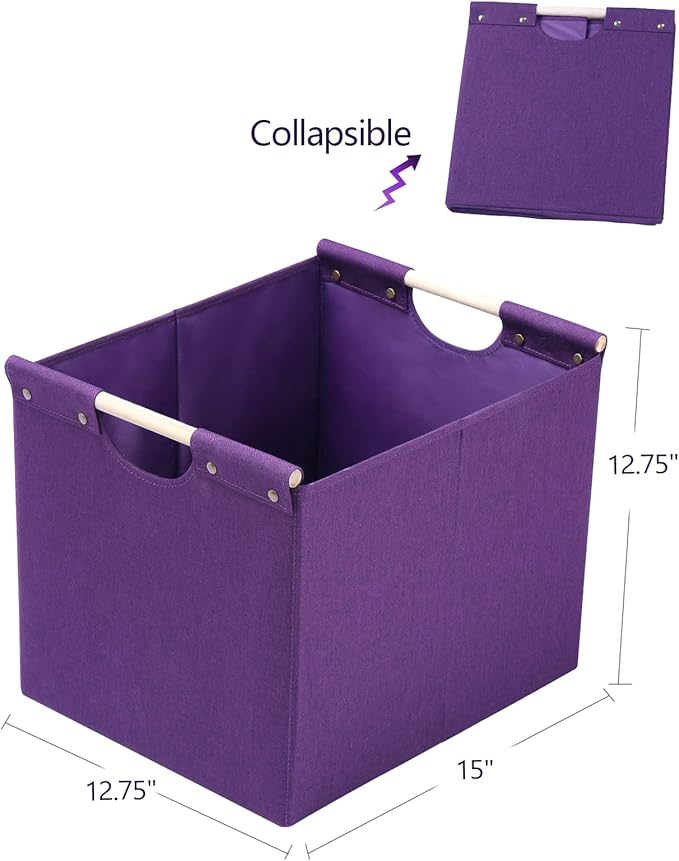 HOONEX Large Collapsible Storage Bins, Linen Fabric, Pack of 2, Storage Baskets with Wooden Carry Handles and Sturdy Heavy Cardboard, for Home, Office, Car, Nursery, Dark Purple