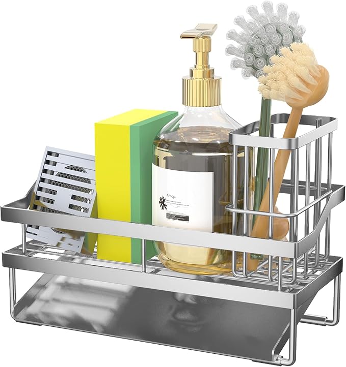 Kitchen Sink Caddy Organzier and Storage Sponge Holder for Sink with High Brush Holder, Rustproof 304 Stainless Kitchen Gadgets Dish Sponge Organizer (Lacquer Silver)-NeatNest