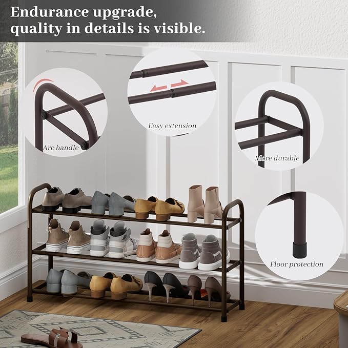 Expandable Shoe Rack, Adjustable Shoes Organizer Metal, Space-Saving Storage Shelf for Closet, Entryway, Front Door & Hallway,Sturdy and Easy Assembly (Brown, 3-Tier)