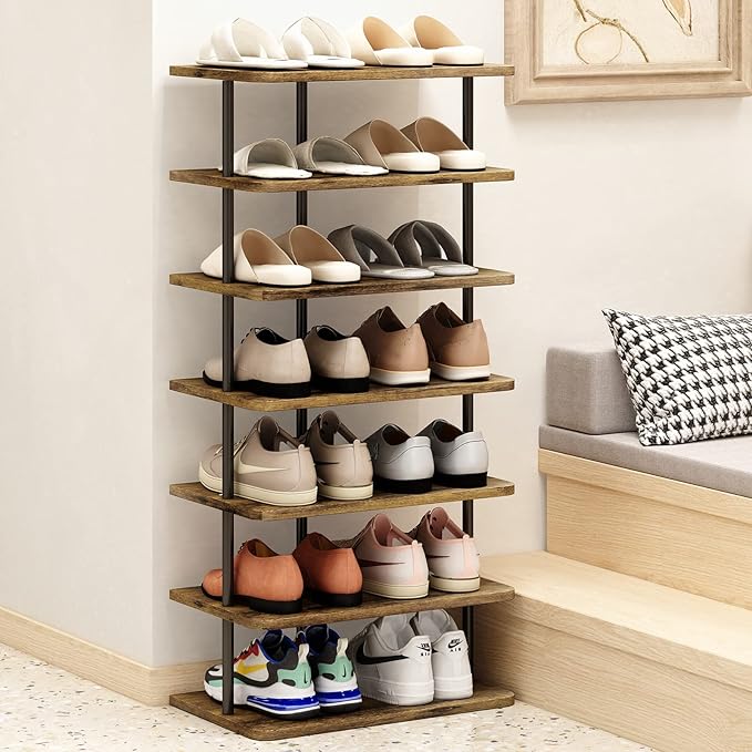 AZERPIAN Shoe Rack 7 Tier Vertical Storage Organizer Double Row Narrow Metal Slim Shelf Modern Free Standing Shoe Tower Saving Space for Closet Entryway Bedroom,Black+Rustic Brown-NeatNest