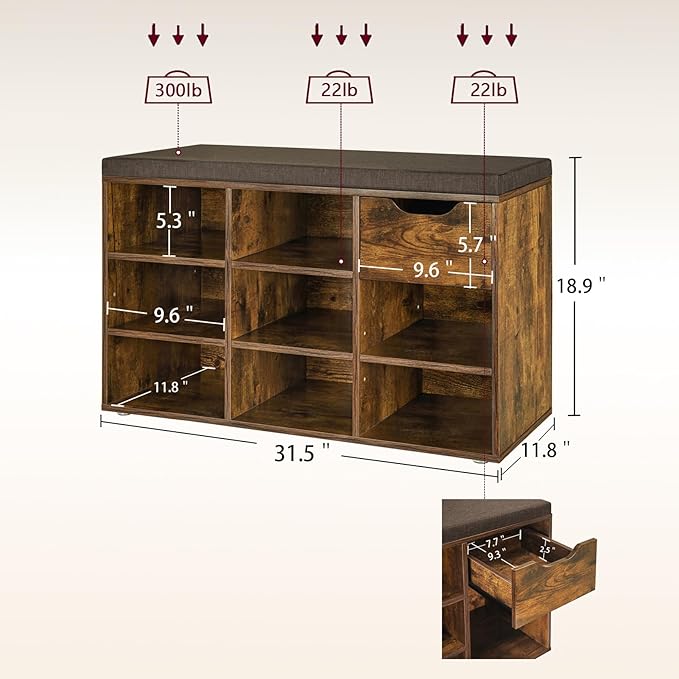 DINZI LVJ Shoe Bench, Entryway Storage Bench with Drawer and 8 Cubbies, Cubby Shoe Rack with Adjustable Shelves, Shoe Organizer Cabinet for Living Room, Bedroom, Mudroom and Garage, Rustic Brown-NeatNest