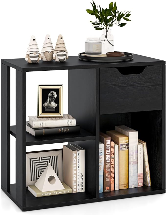 Giantex 3 Cube Bookcase with Drawer, 2 Tier Bookshelf for Small Spaces, Modern Freestanding Display Rack with Open Shelves, Book Case, Wood Cube Storage Organizer Bedroom Living Room, Black