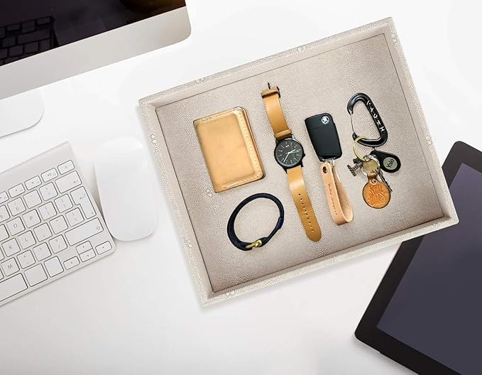 HofferRuffer Elegant Desktop Organizer, Vanity Tray, Bathroom Storage Tray Holder, Dresser Jewelry Tray, Change Coin Key Watch Catchall Tray, 10.2 x 8.4 x 1.8 inches (Light Grey Faux Leather Shagreen)-NeatNest